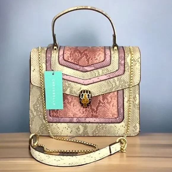 CHRISBELLA NWT CROSSBODY SATCHEL HANDBAG Pink PURPLE SNAKE Leather - Picture 4 of 10